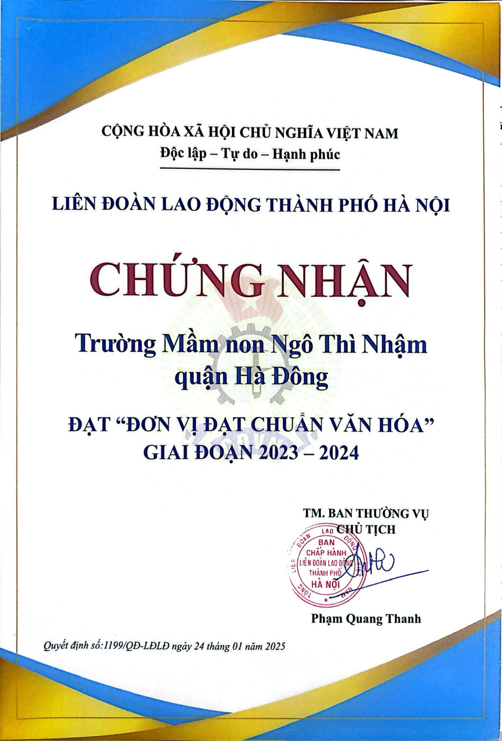 Giấy chứng nhận "Đơn vị đạt Chuẩn văn hóa" giai đoạn 2023 - 2024
